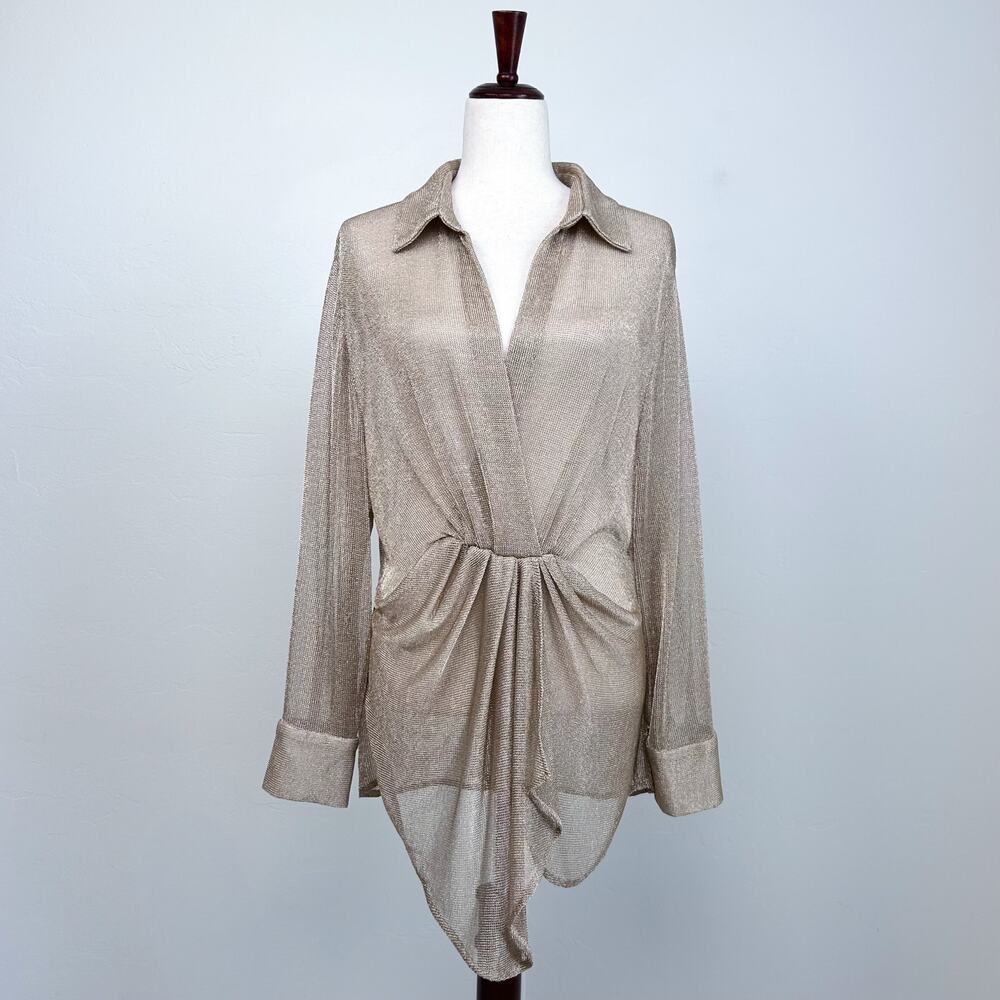Zara Gold Metallic Knit Mesh Sexy Sheer Long Sleeve Collared Deep V-Neck Top XL